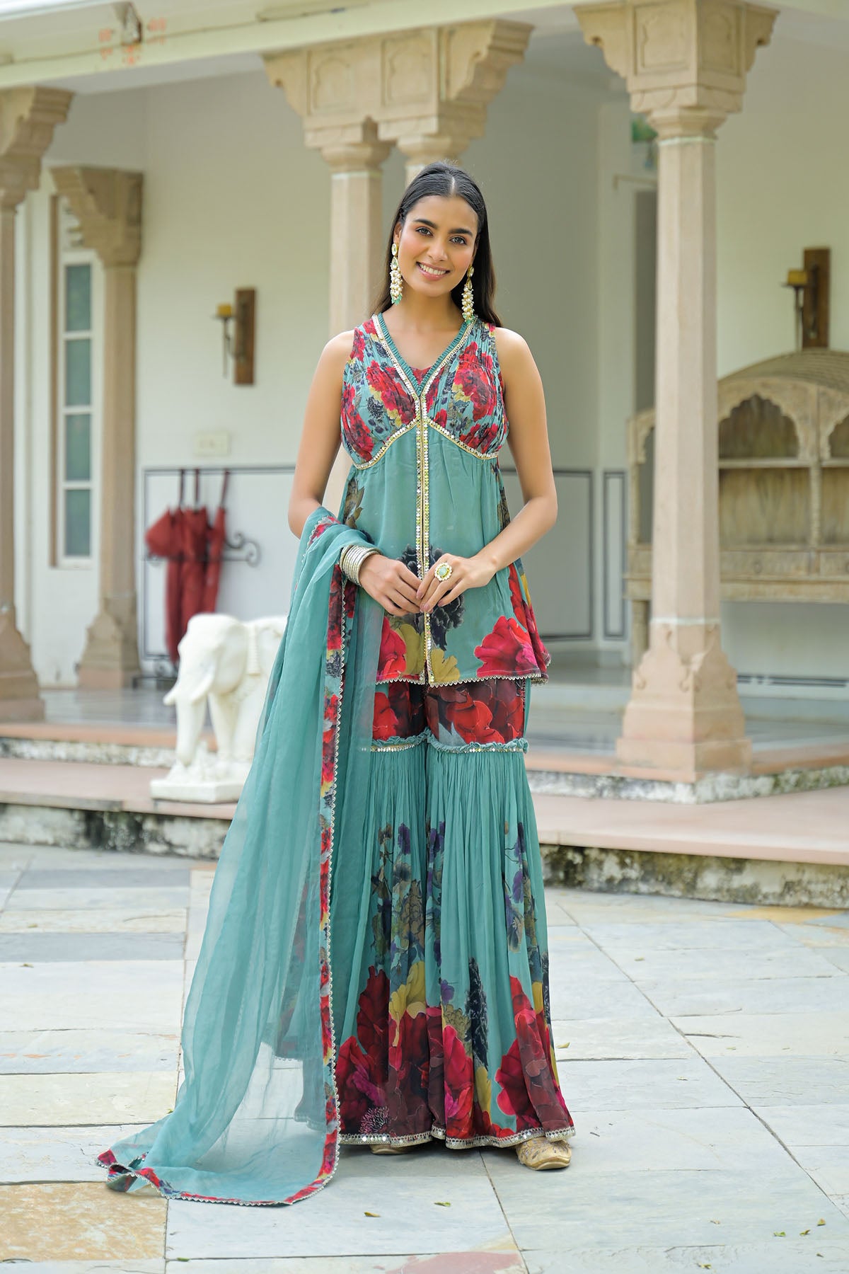 Green Printed Chinon Sharara Set