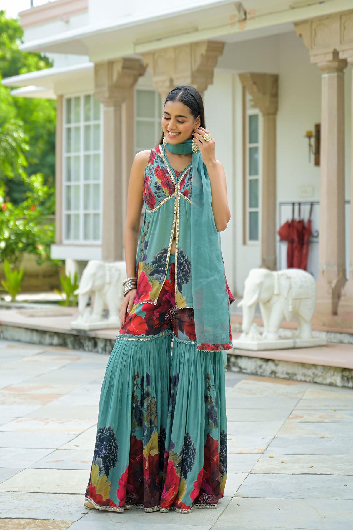 Green Printed Chinon Sharara Set