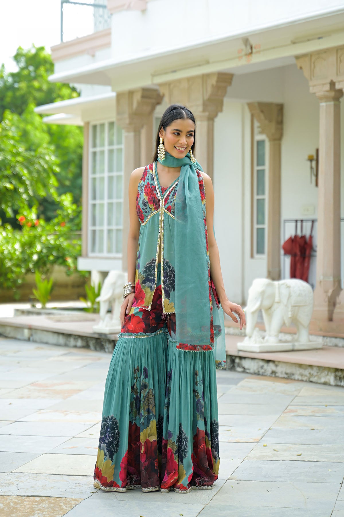 Green Printed Chinon Sharara Set