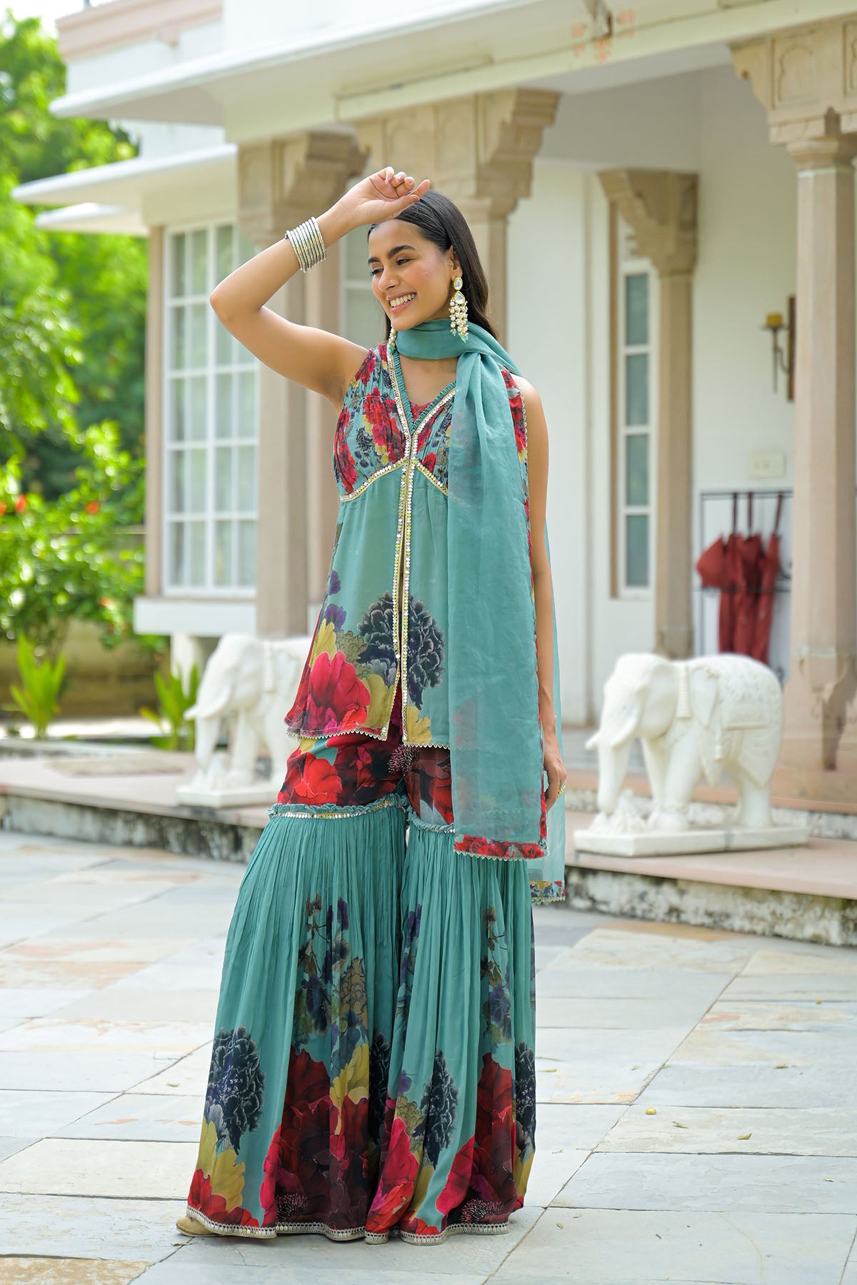 Green Printed Chinon Sharara Set