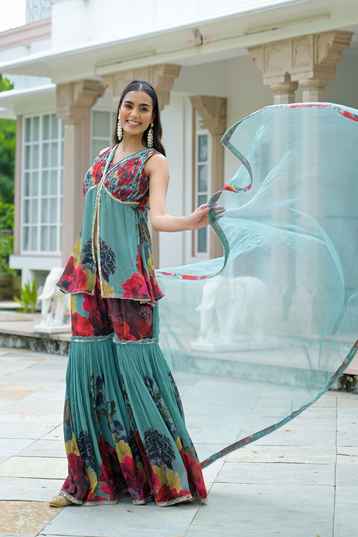 Green Printed Chinon Sharara Set