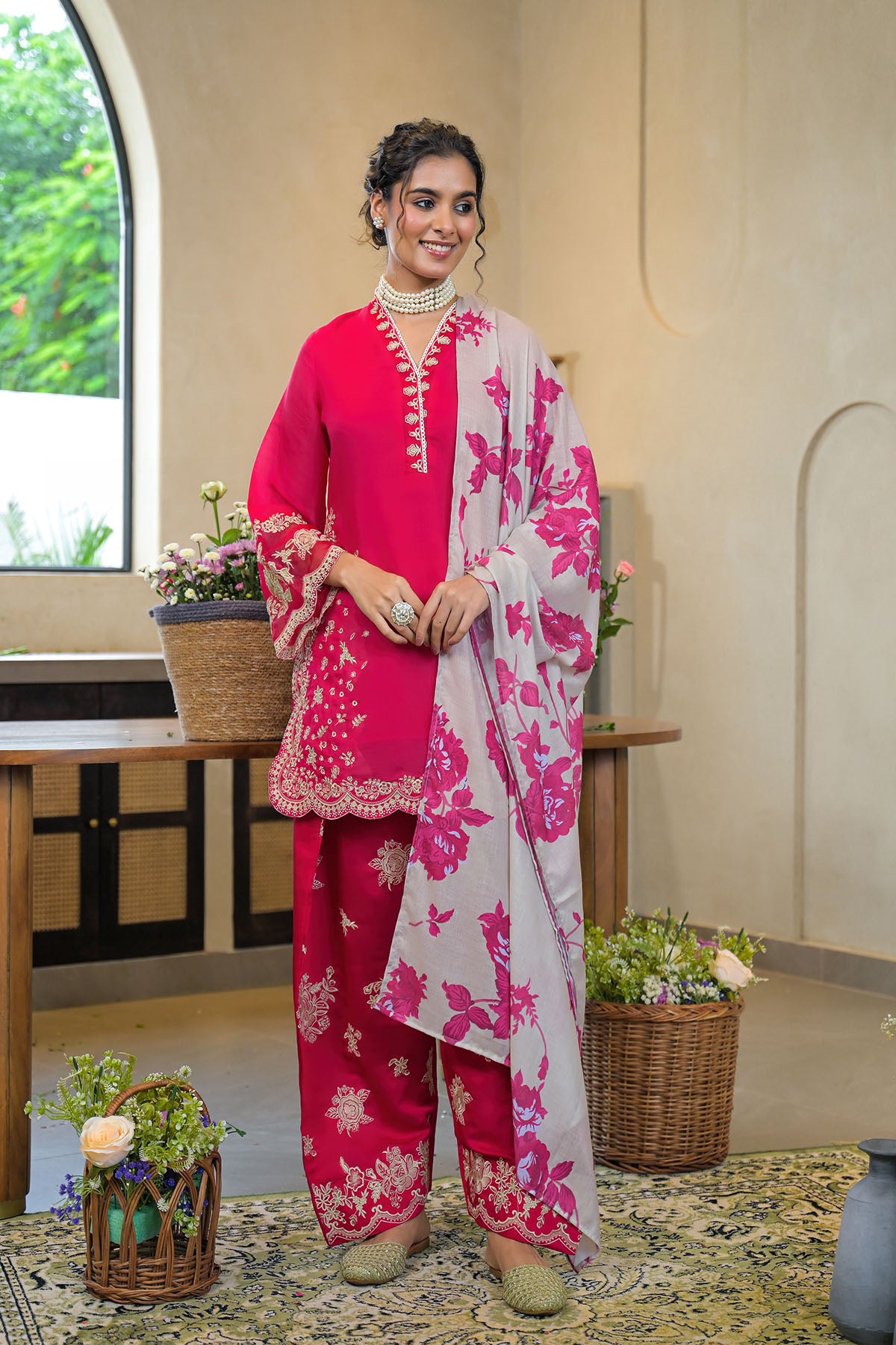 Pink Solid Chanderi Embroidered Farsi Salwar Set