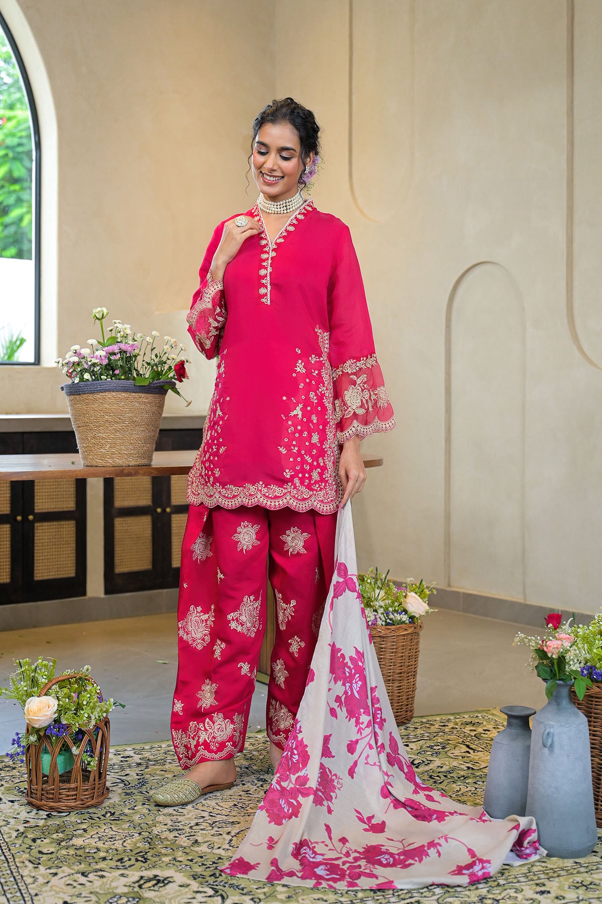 Pink Solid Chanderi Embroidered Farsi Salwar Set