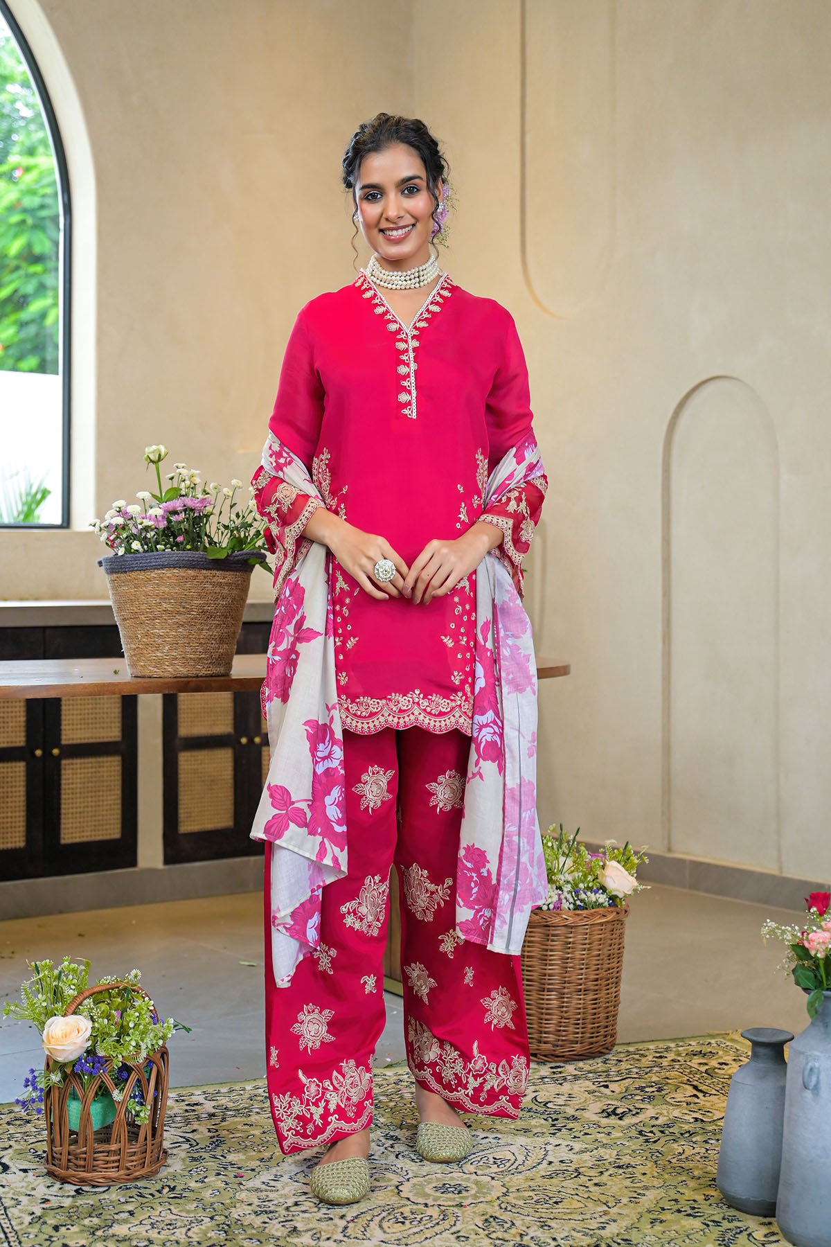 Pink Solid Chanderi Embroidered Farsi Salwar Set