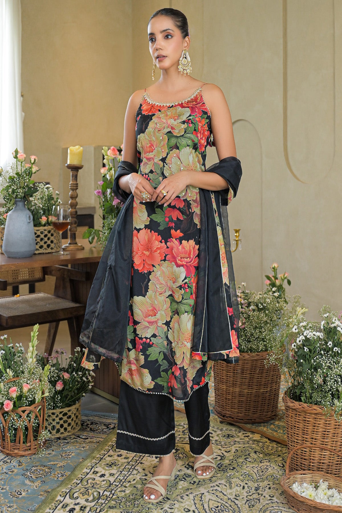 Black Chinon Handwork Suit Set