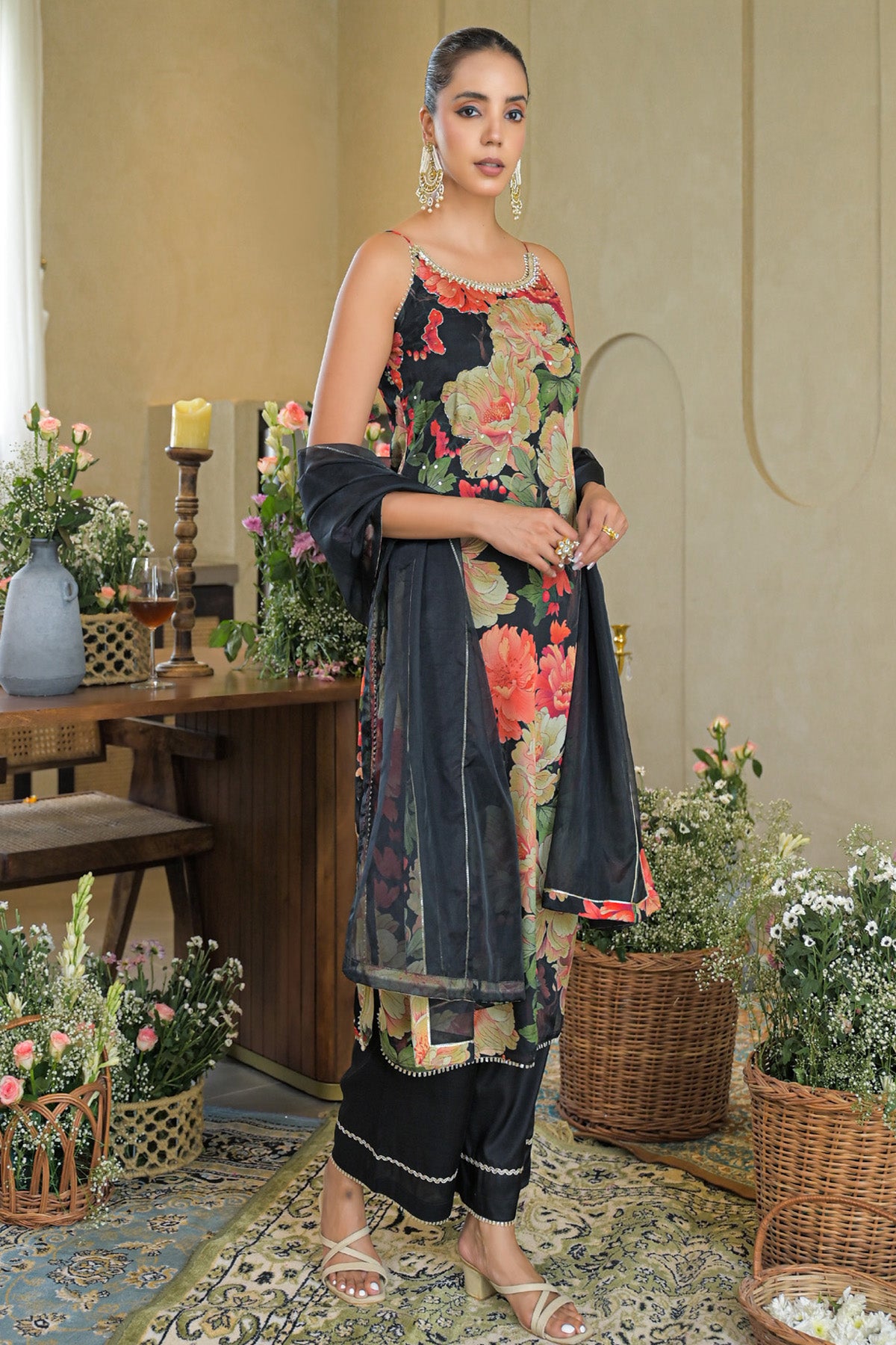 Black Chinon Handwork Suit Set