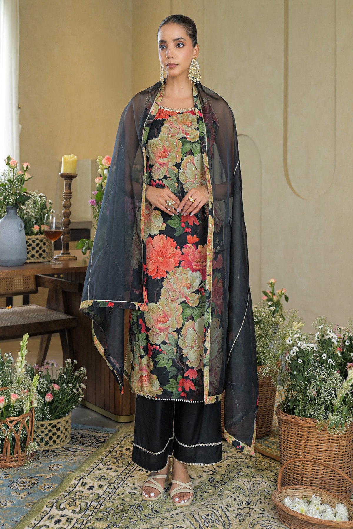 Black Chinon Handwork Suit Set