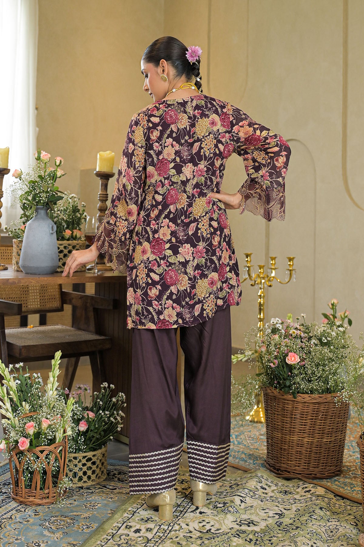 Brown Chinon Embroidered Farsi Salwar Set