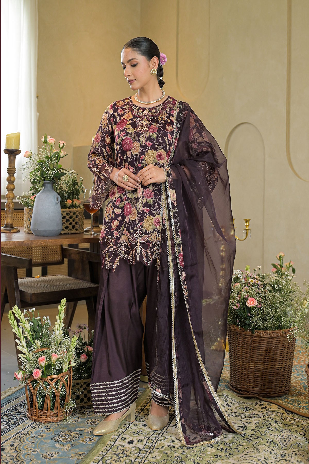 Brown Chinon Embroidered Farsi Salwar Set