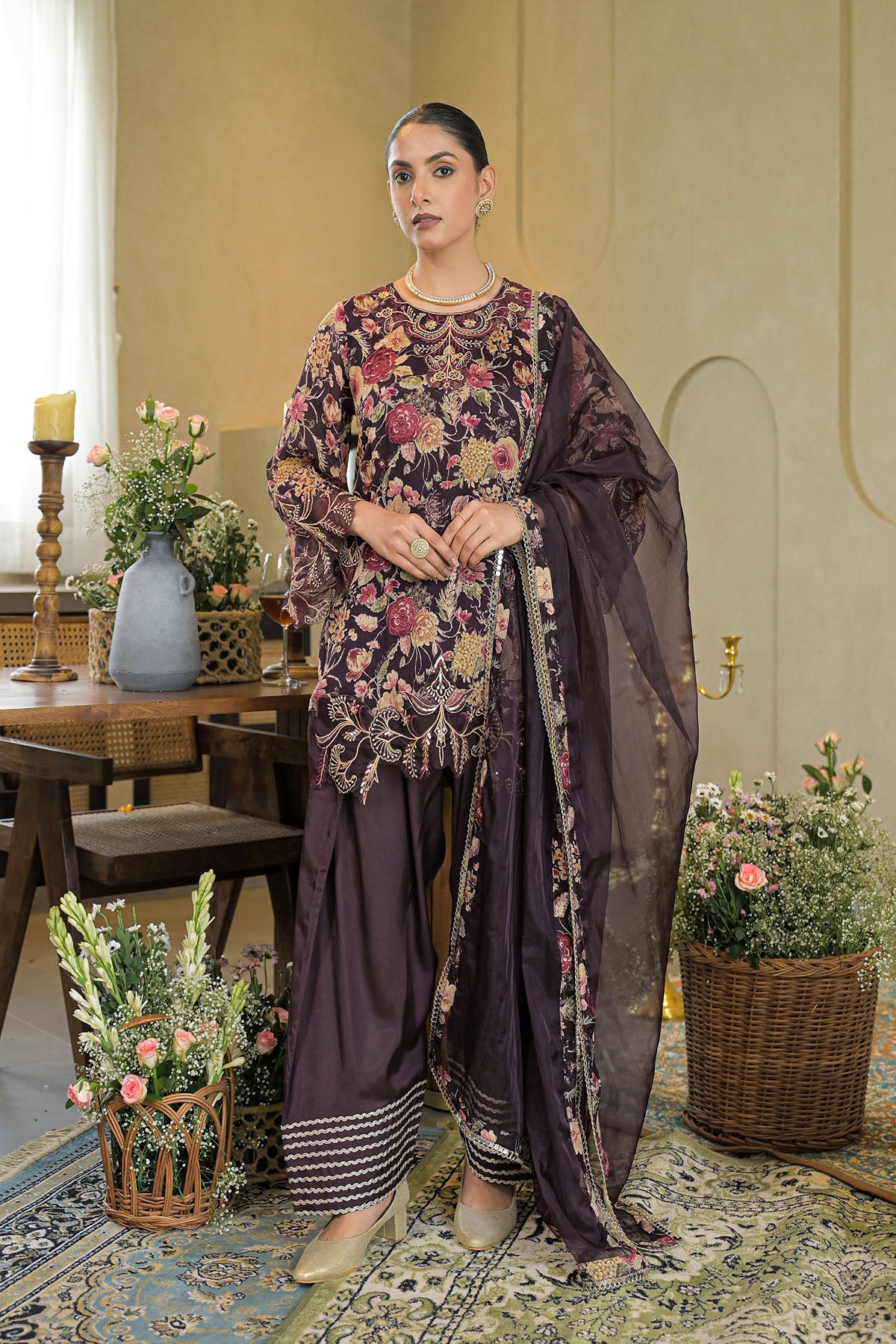 Brown Chinon Embroidered Farsi Salwar Set
