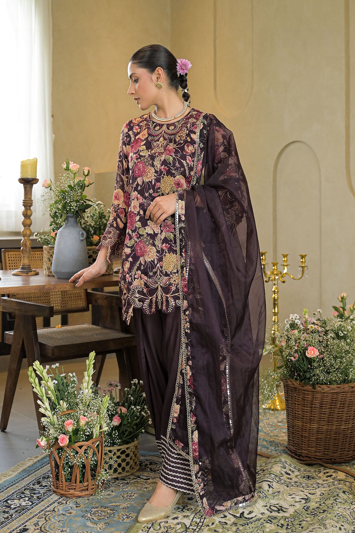 Brown Chinon Embroidered Farsi Salwar Set