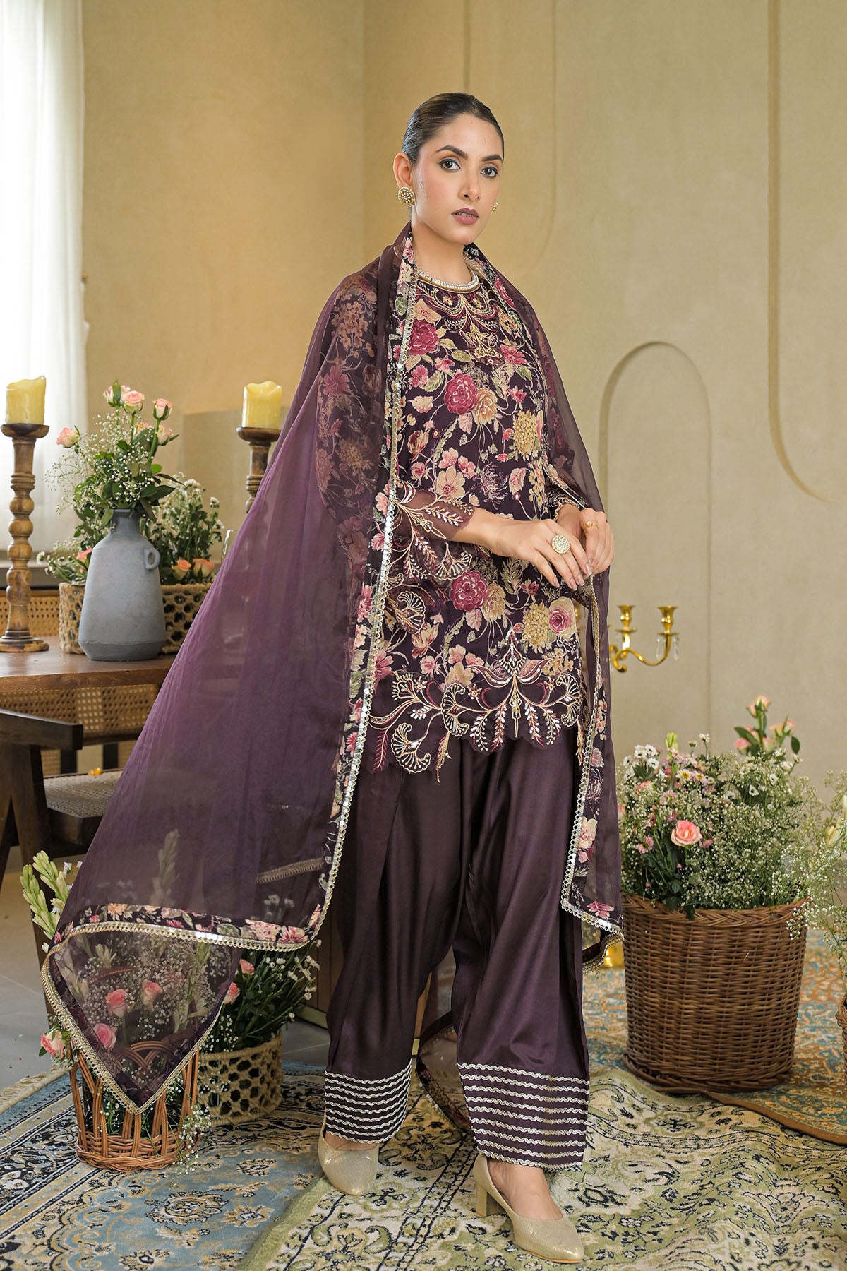 Brown Chinon Embroidered Farsi Salwar Set