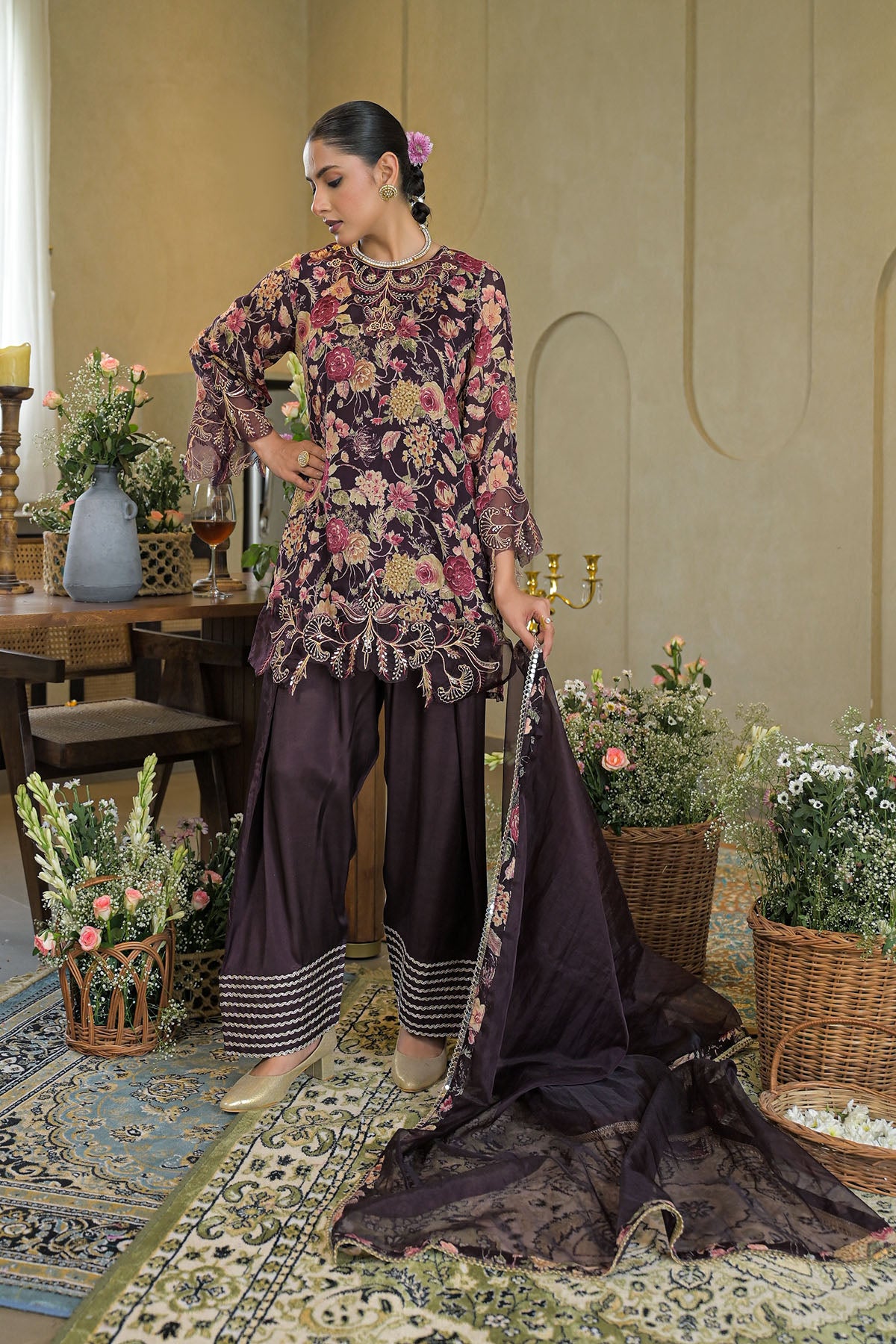 Brown Chinon Embroidered Farsi Salwar Set