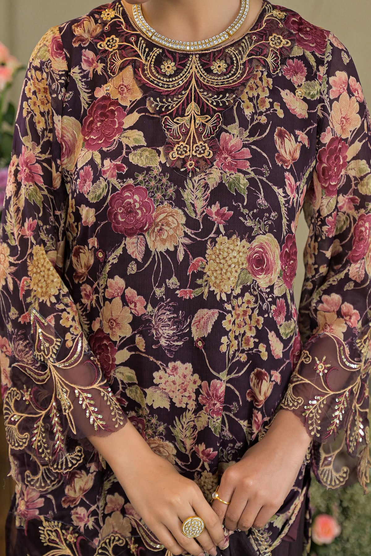 Brown Chinon Embroidered Farsi Salwar Set