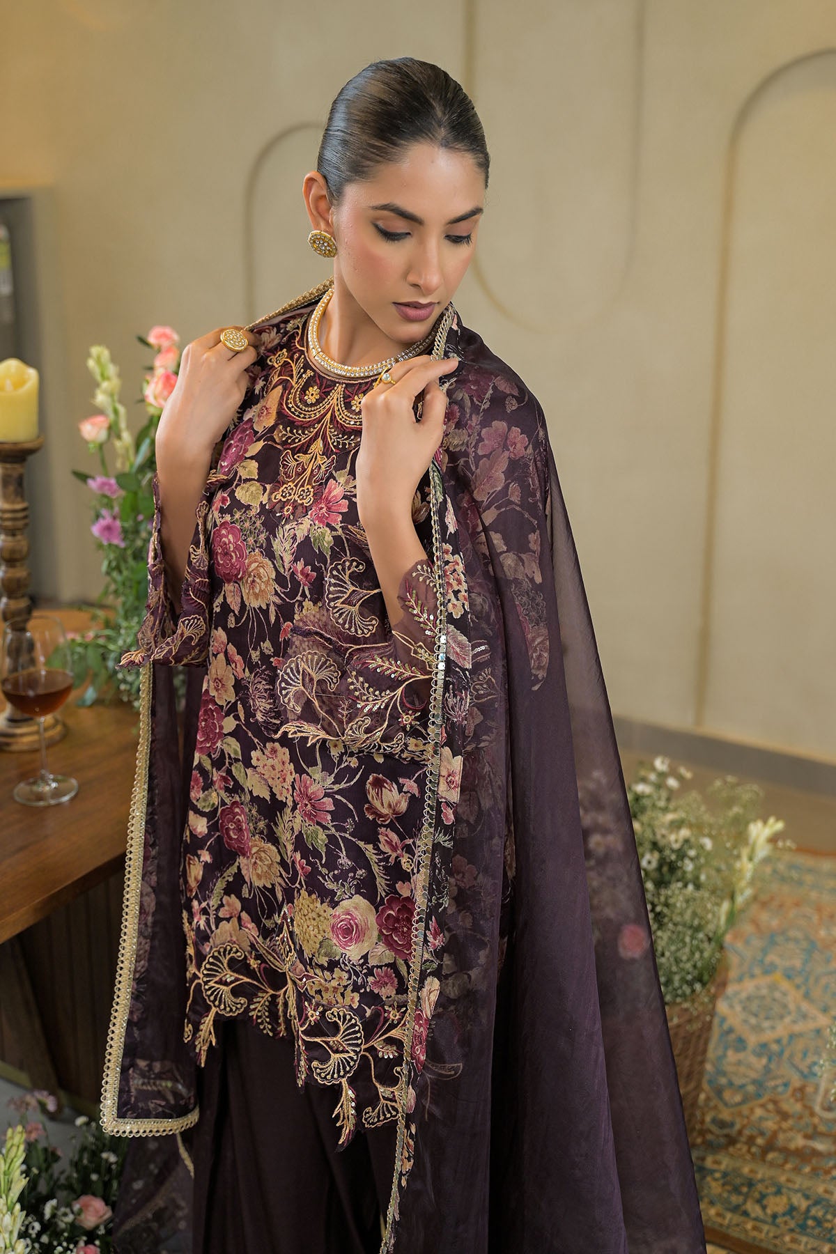 Brown Chinon Embroidered Farsi Salwar Set