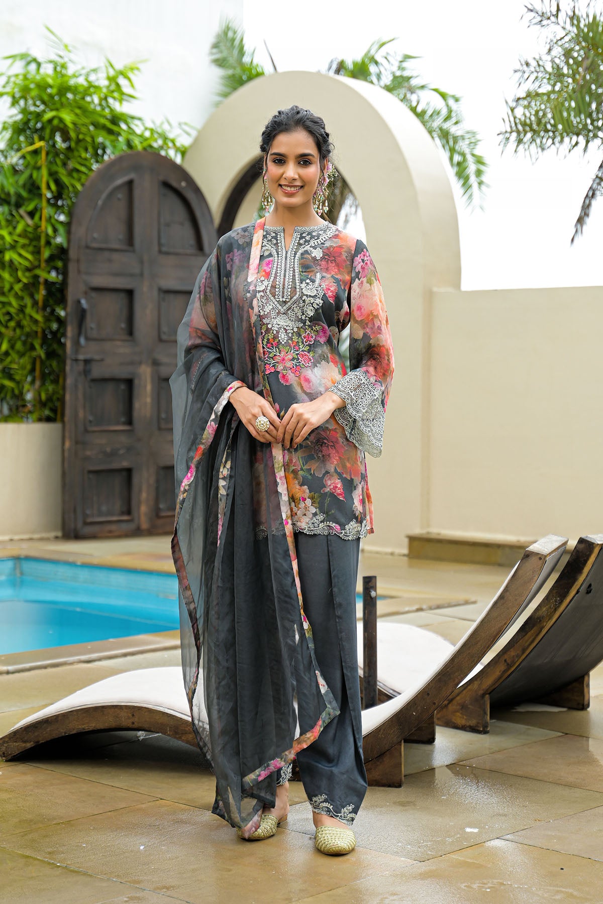 Grey Chinon Embroidered Farsi Salwar Set