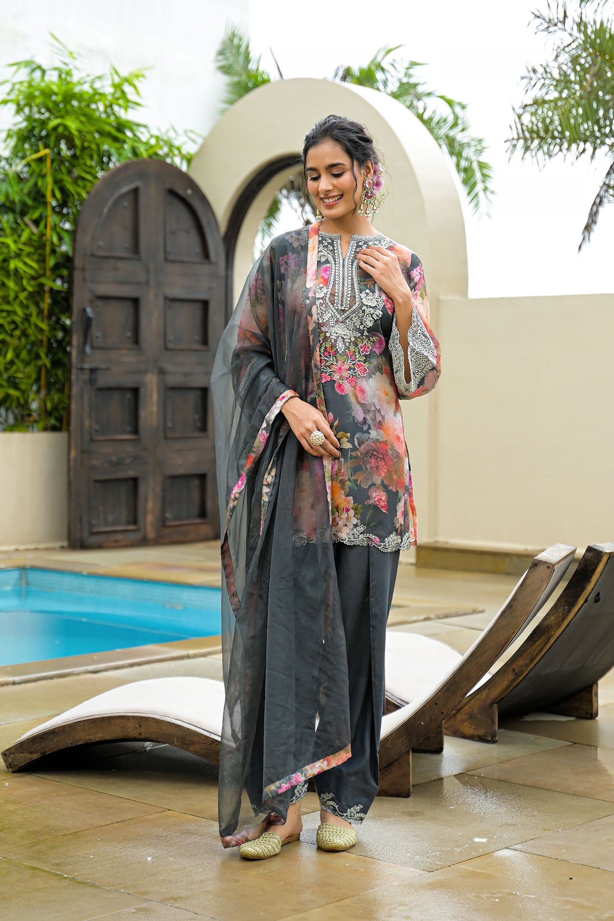 Grey Chinon Embroidered Farsi Salwar Set