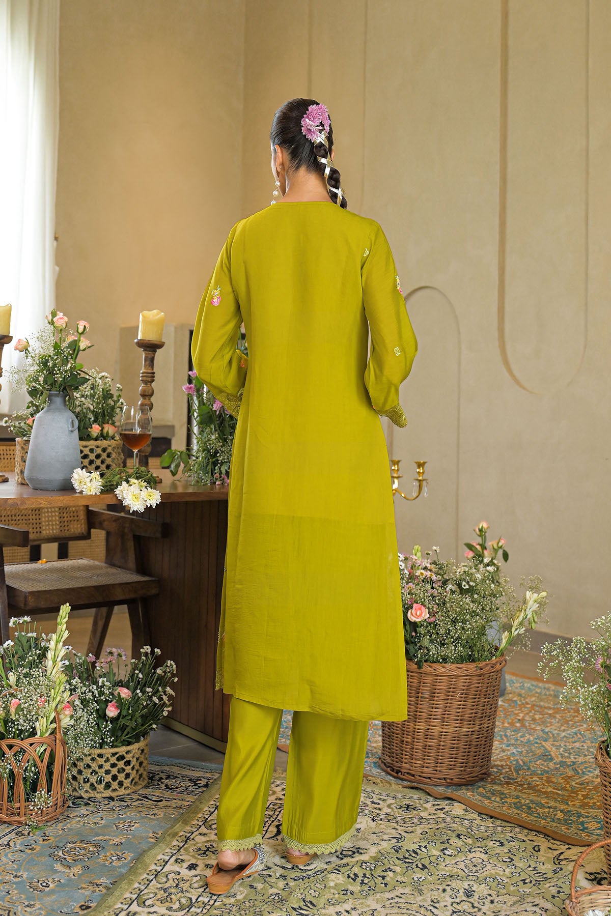 Green Solid Chanderi Embroidered Pakistani Suit