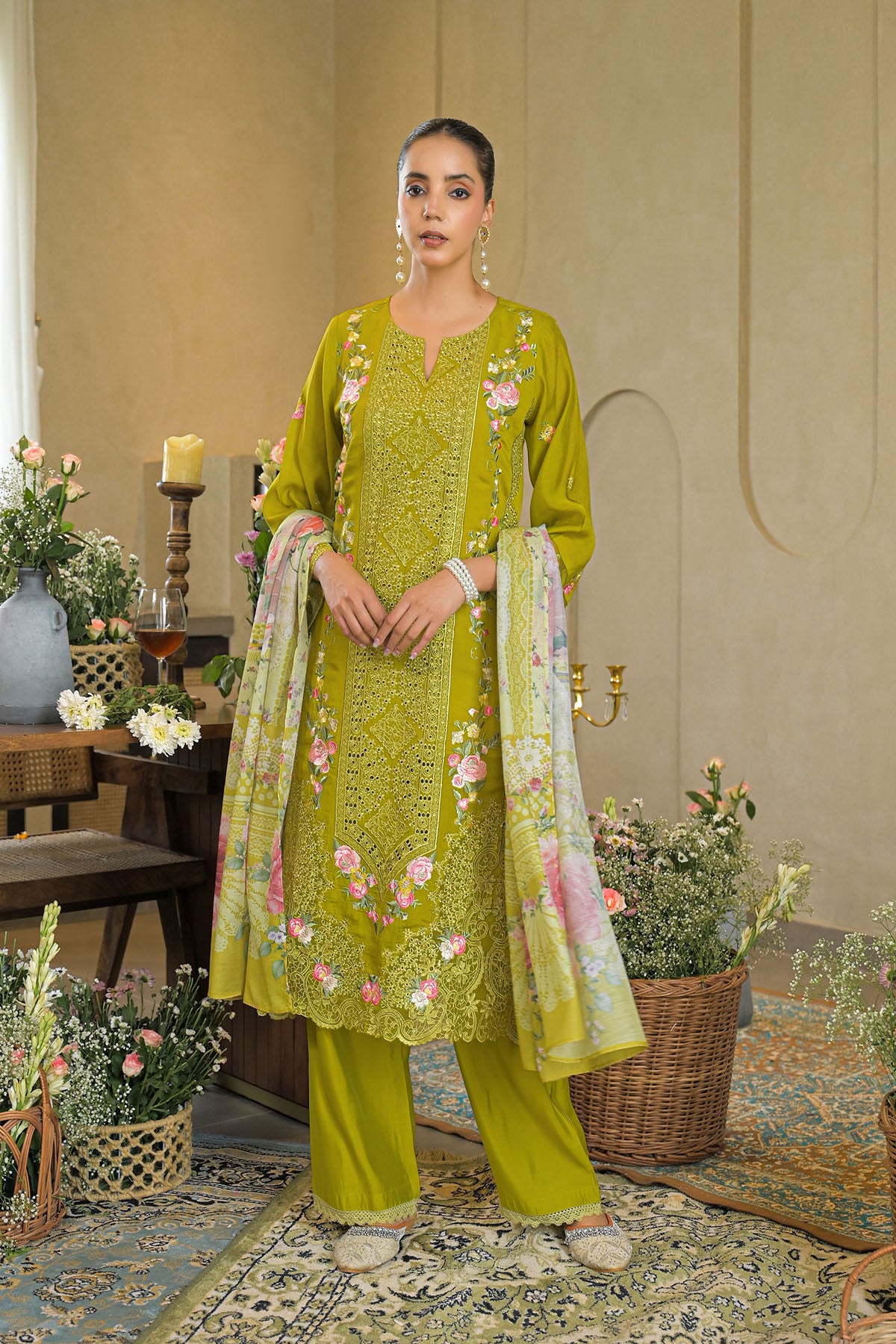 Green Solid Chanderi Embroidered Pakistani Suit