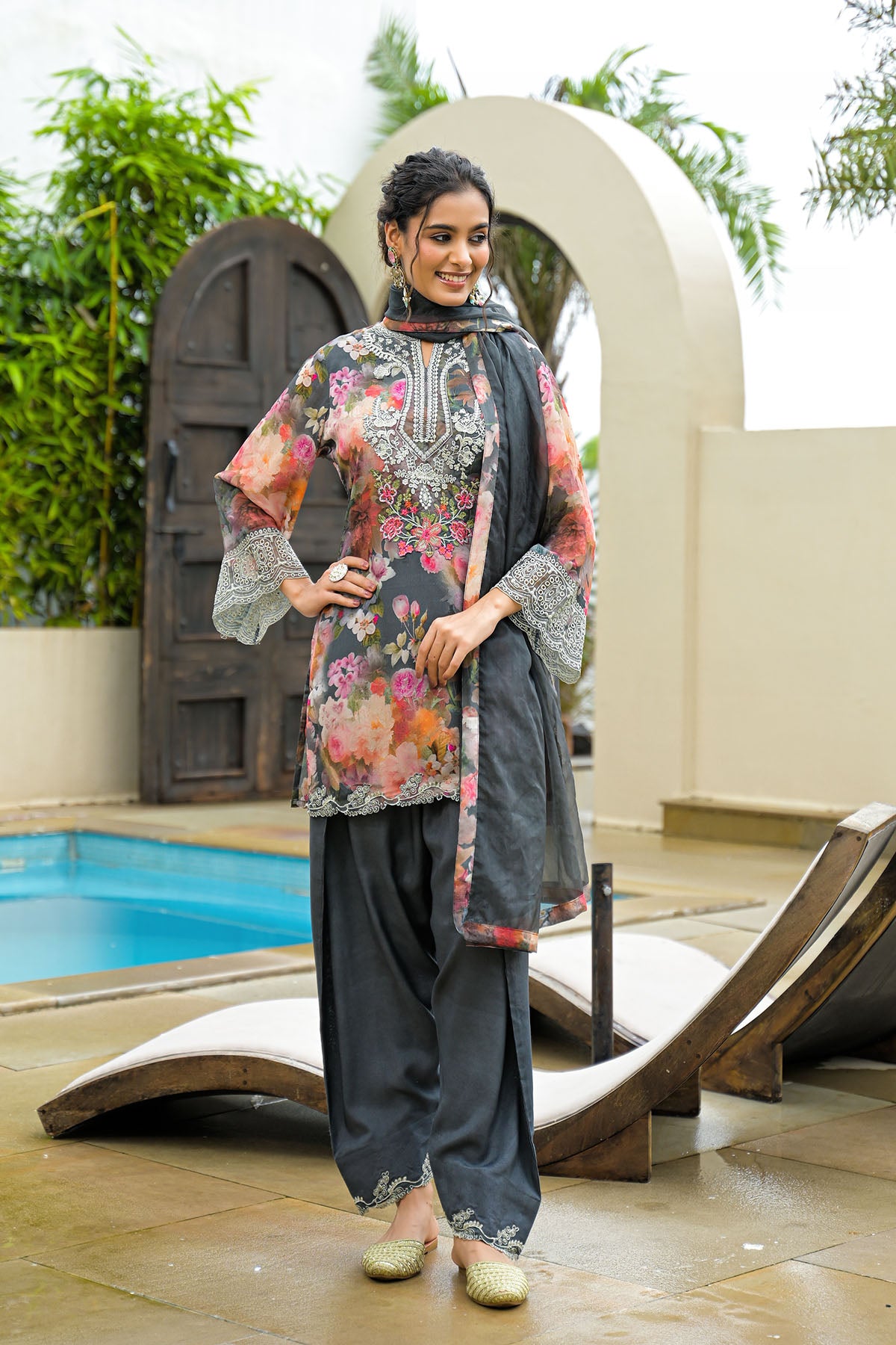 Grey Chinon Embroidered Farsi Salwar Set