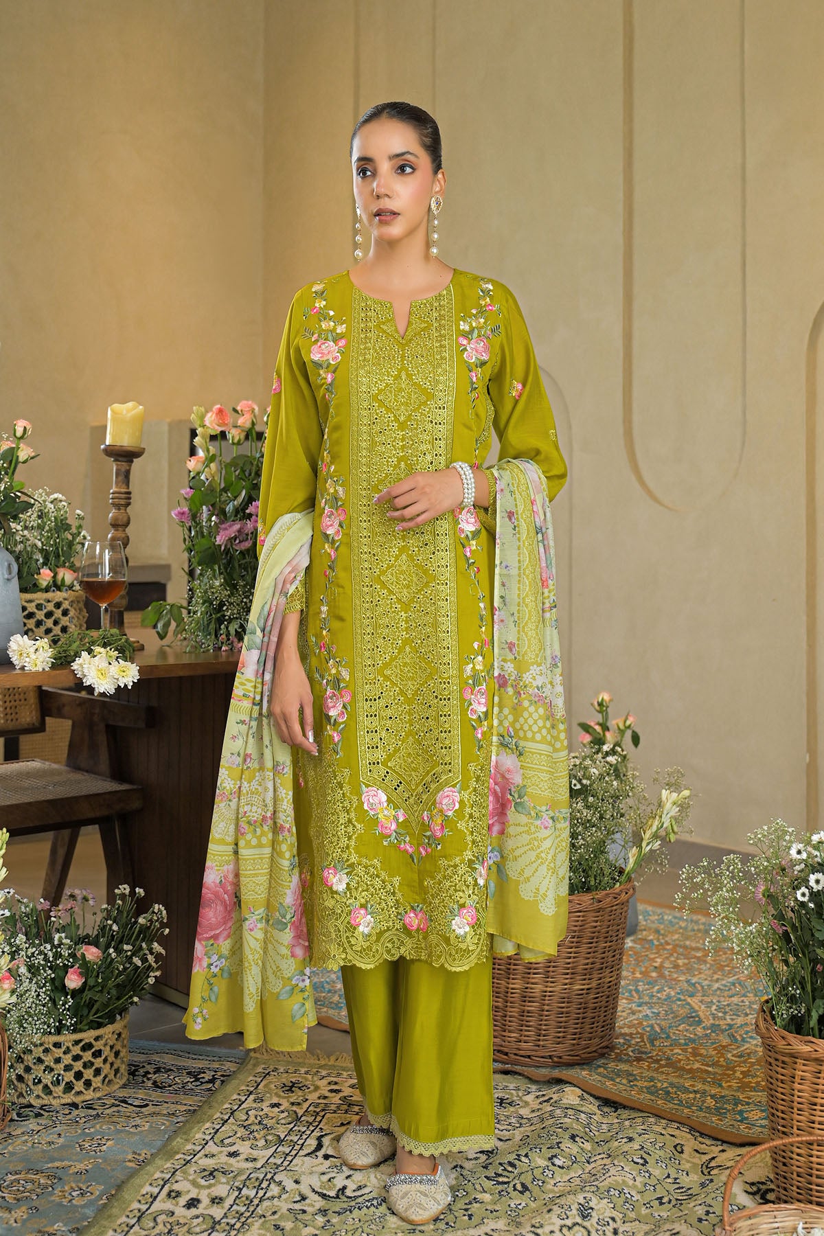 Green Solid Chanderi Embroidered Pakistani Suit