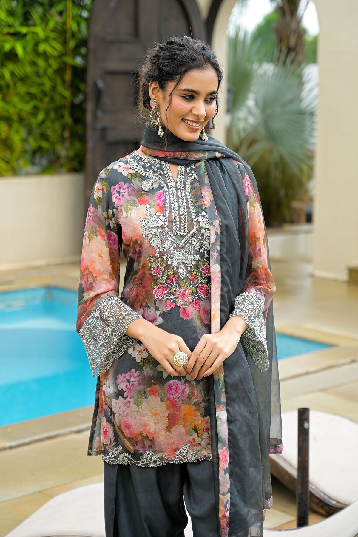 Grey Chinon Embroidered Farsi Salwar Set