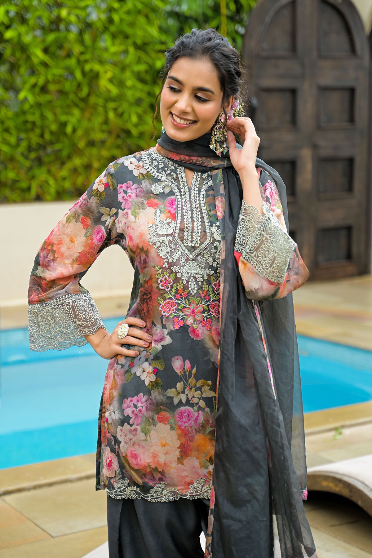 Grey Chinon Embroidered Farsi Salwar Set