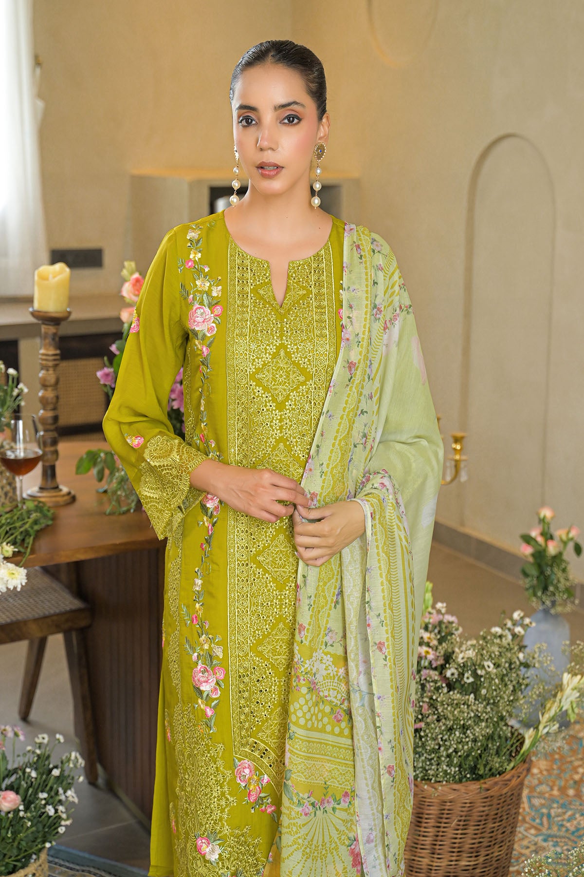 Green Solid Chanderi Embroidered Pakistani Suit