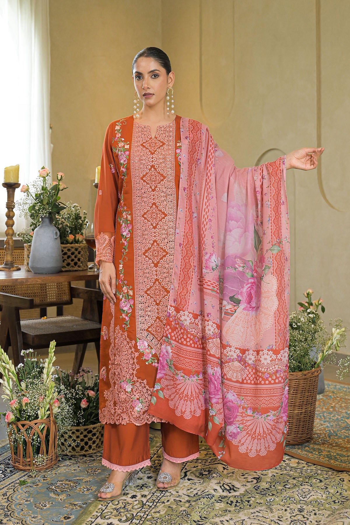 Rust Solid Chanderi Embroidered Pakistani Suit