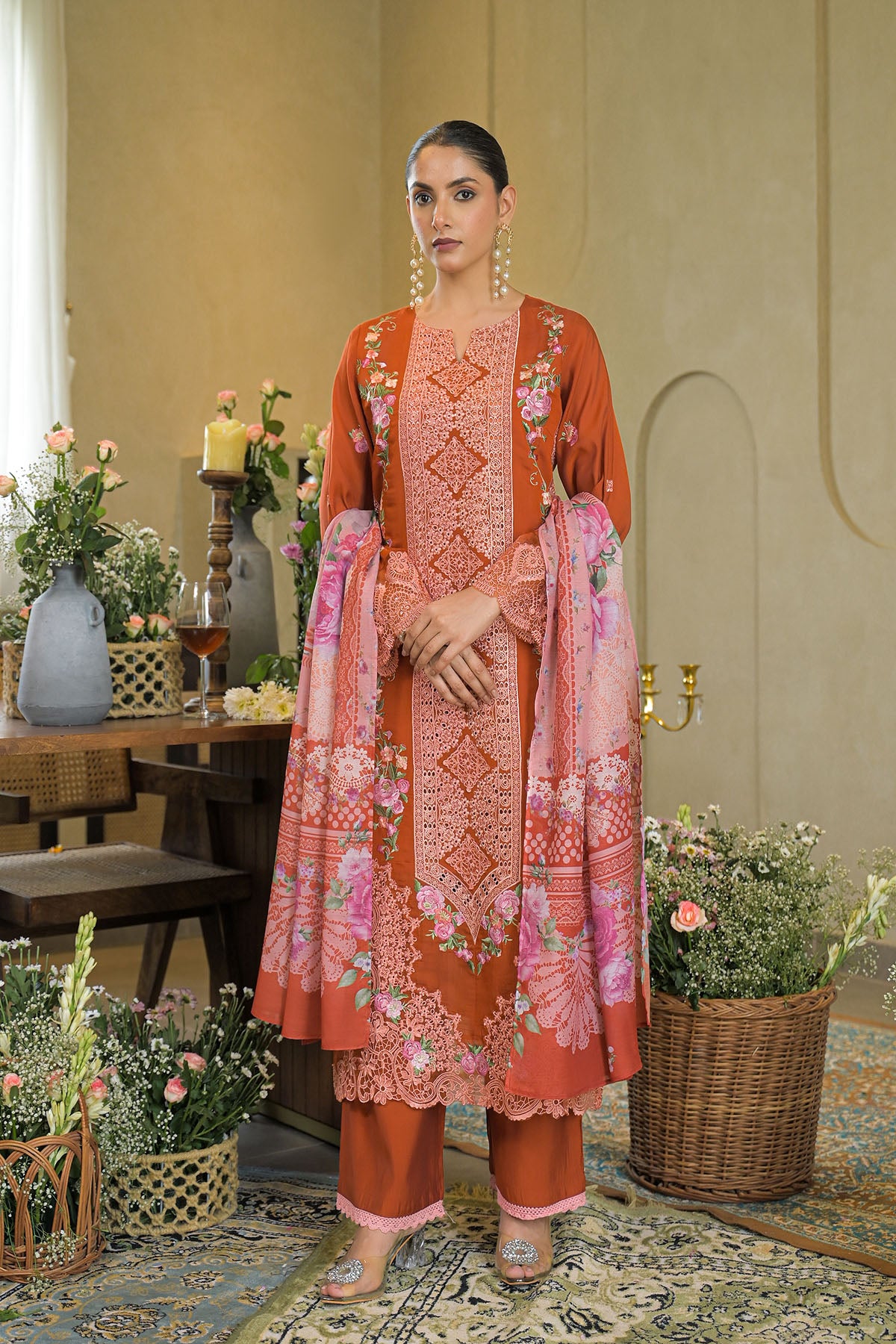 Rust Solid Chanderi Embroidered Pakistani Suit
