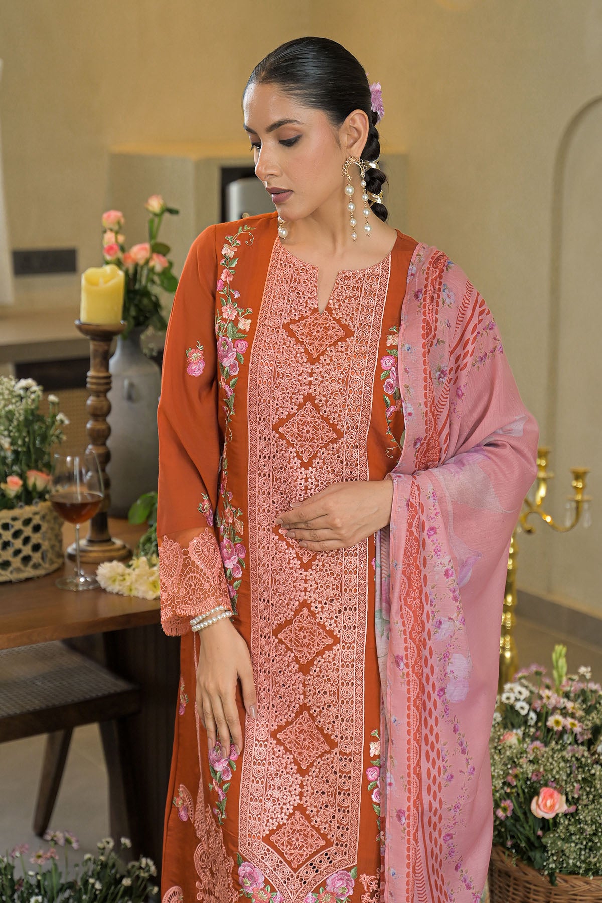 Rust Solid Chanderi Embroidered Pakistani Suit