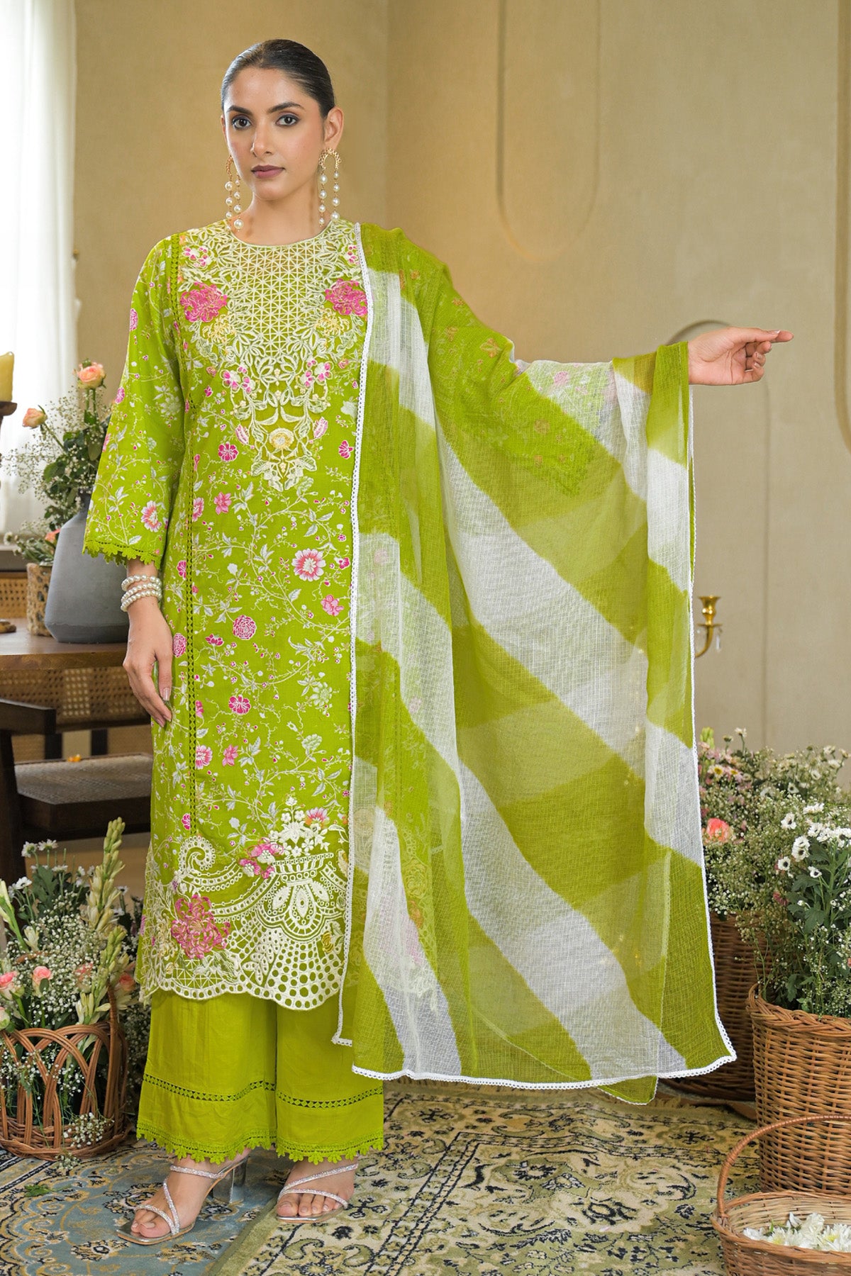 Green Cotton Embroidered Straight Cut Suit Set | Bairaas