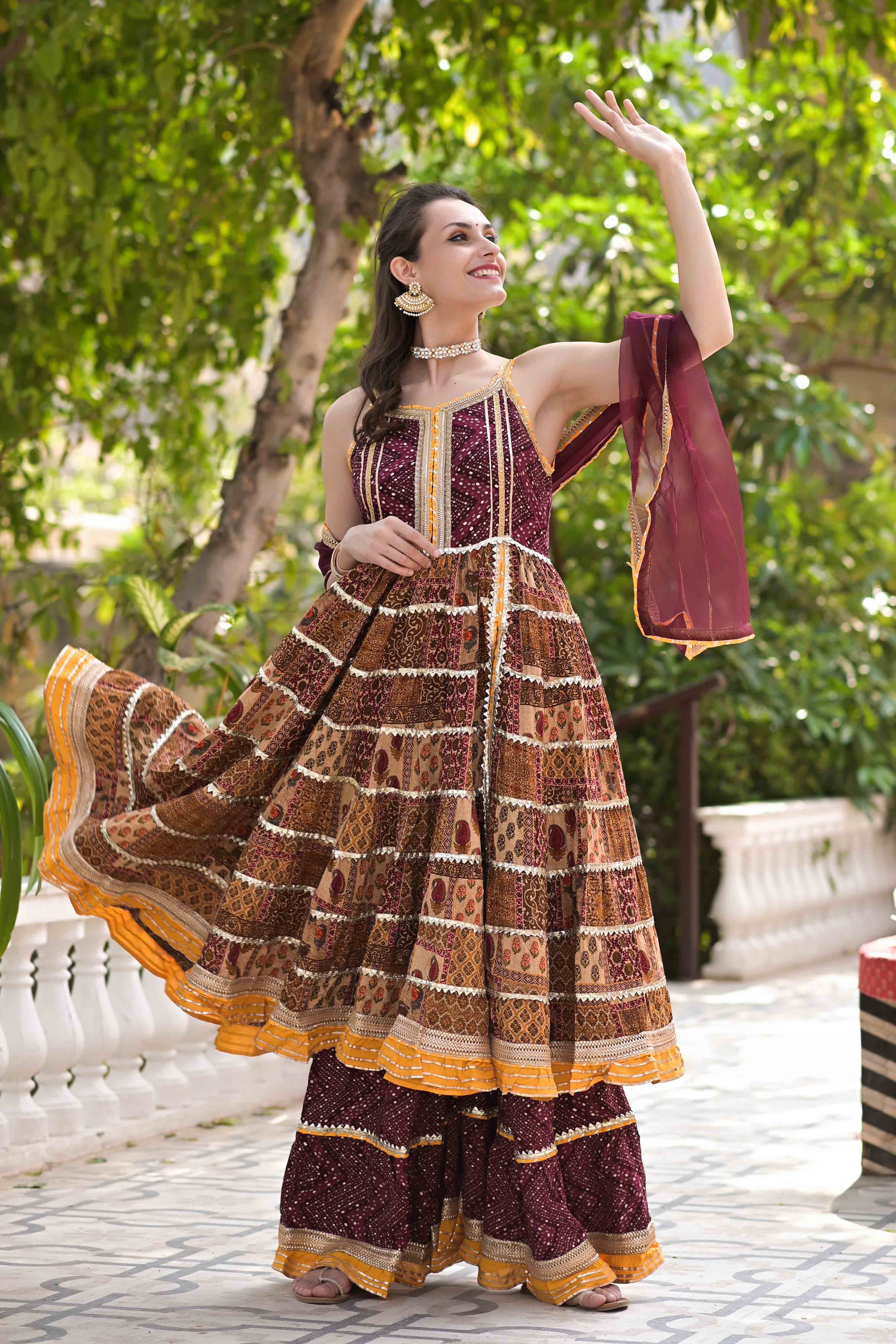 Multicolour Rayon Flared Gotapatti Sharara Set
