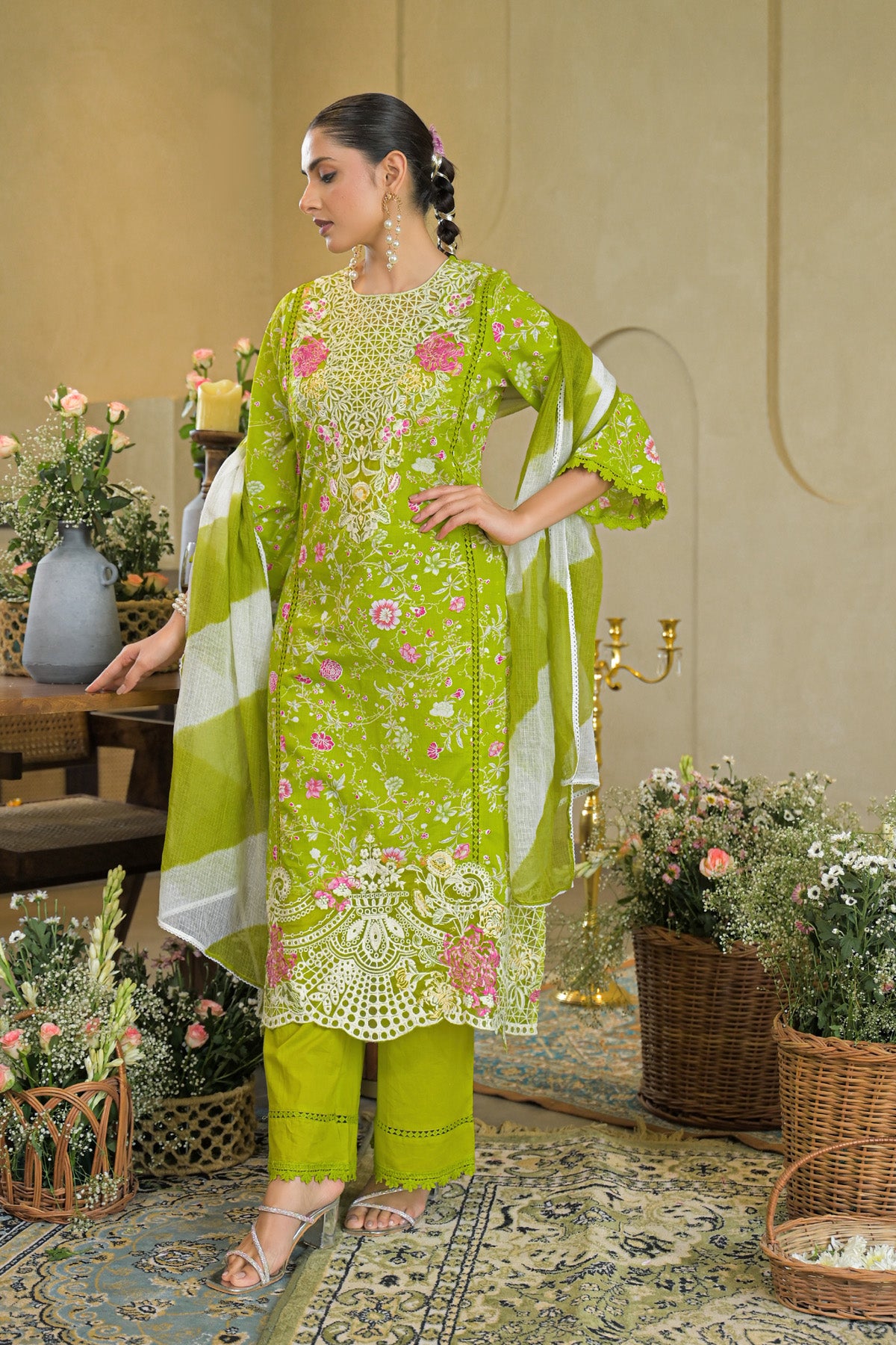 Green Cotton Embroidered Straight Cut Suit Set | Bairaas