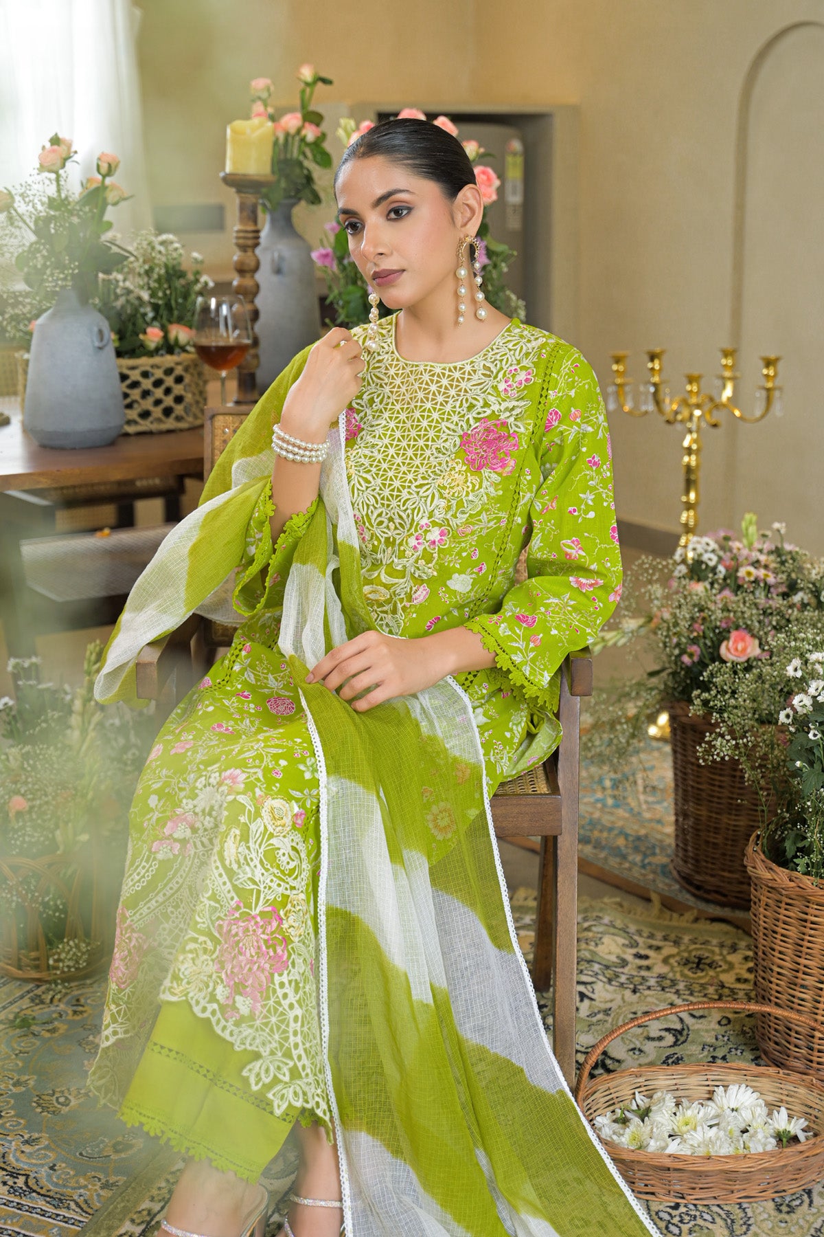 Green Cotton Embroidered Straight Cut Suit Set | Bairaas