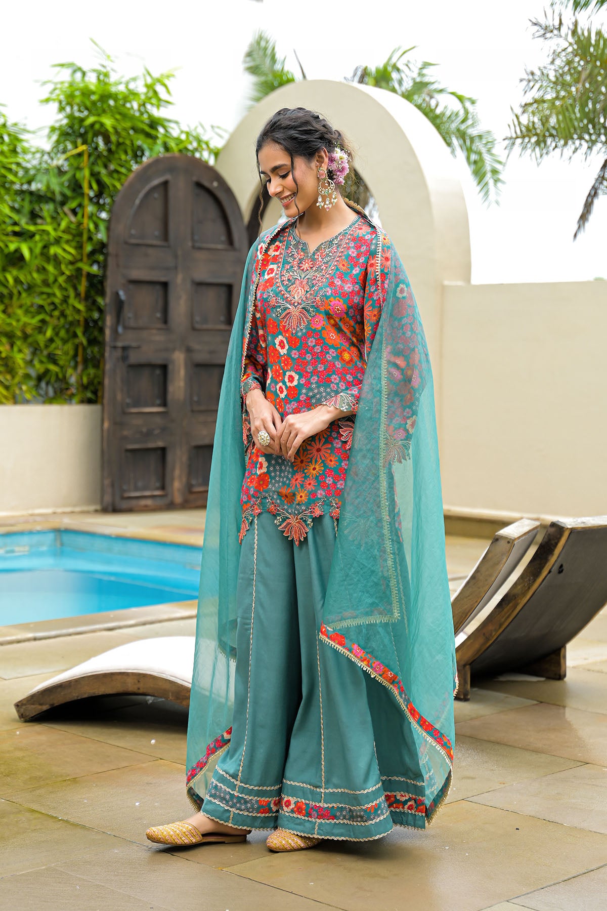 Green Crepe Embroidered Sharara Set