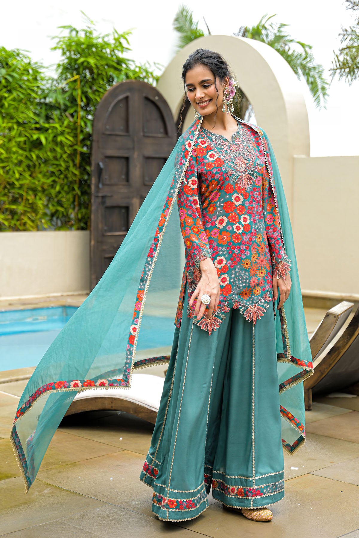 Green Crepe Embroidered Sharara Set