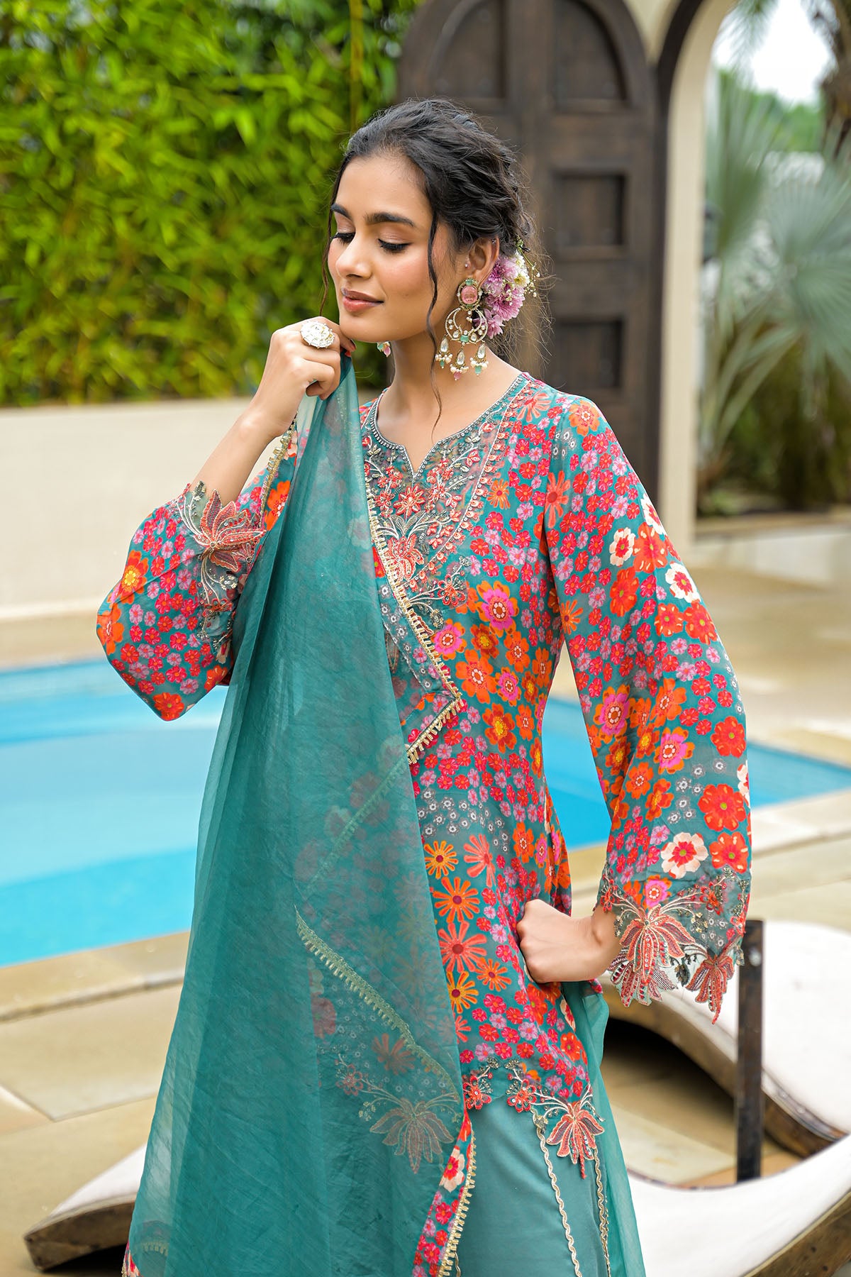 Green Crepe Embroidered Sharara Set