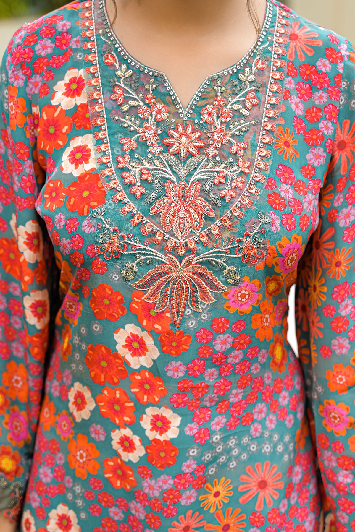 Green Crepe Embroidered Sharara Set