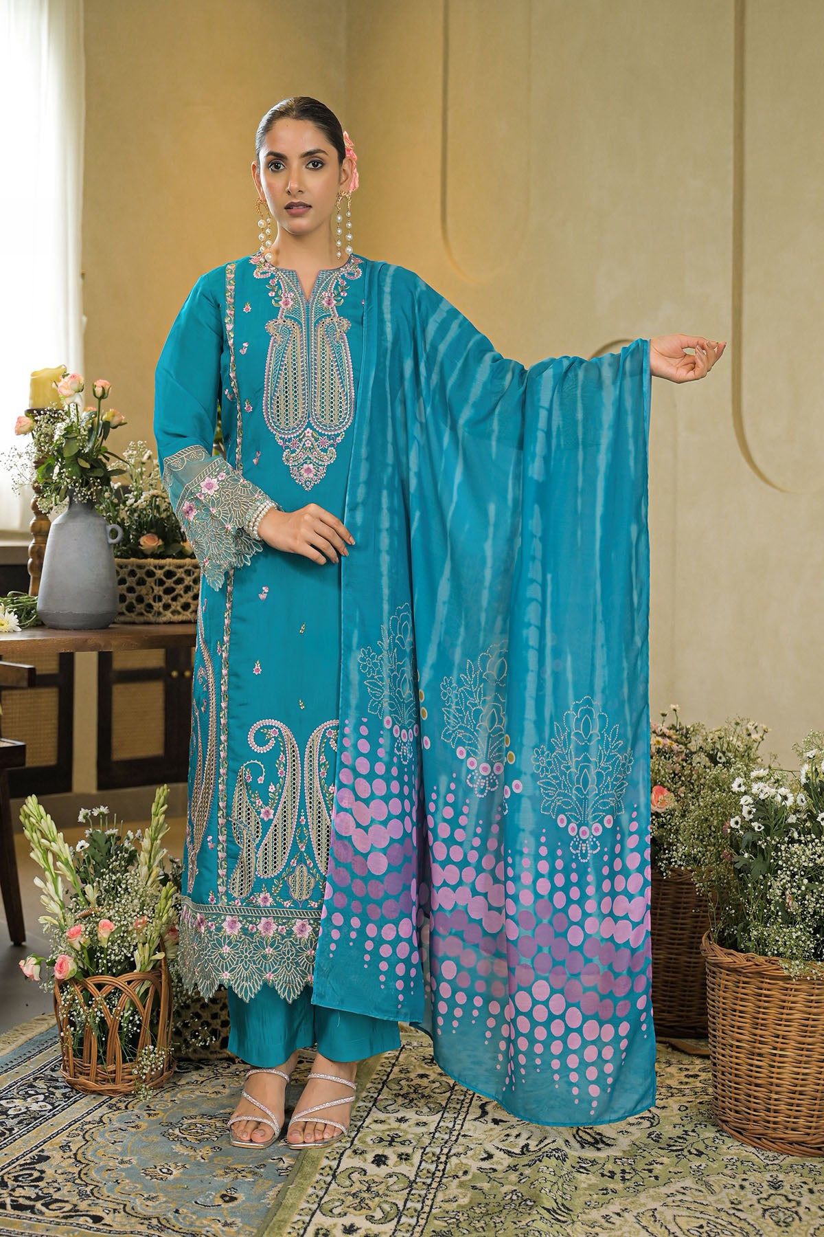 Turquoise Chanderi Embroidered Pakistani Suit