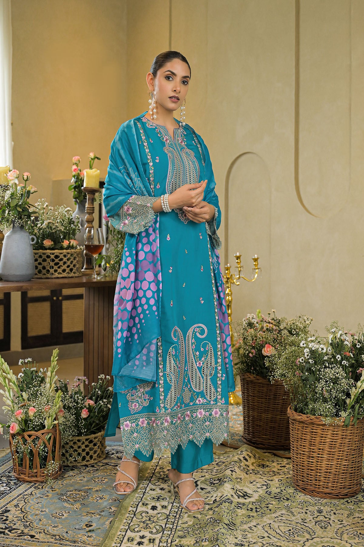 Turquoise Chanderi Embroidered Pakistani Suit