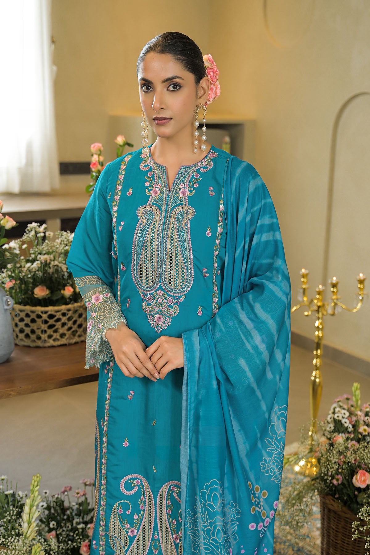 Turquoise Chanderi Embroidered Pakistani Suit