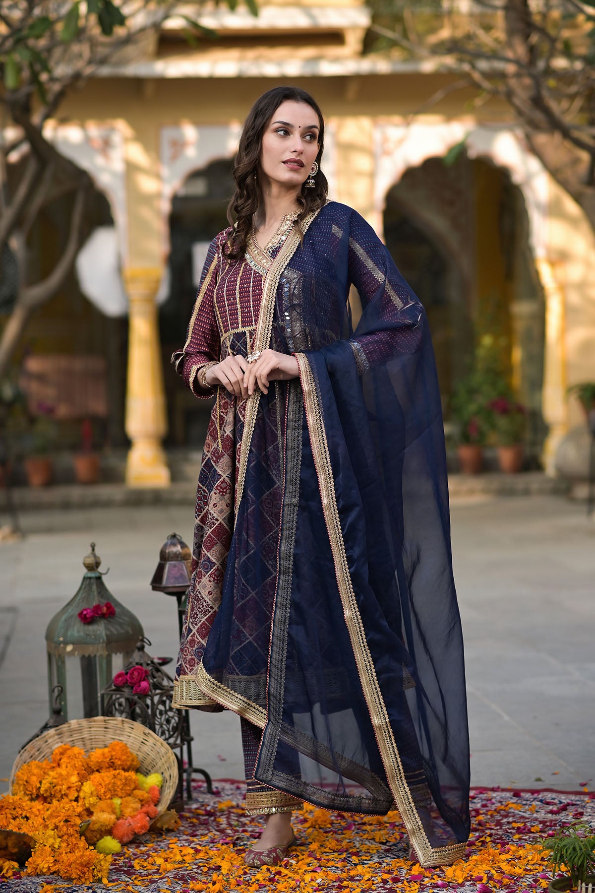 Maroon Angrakha Muslin Gotapatti Anarkali Suit