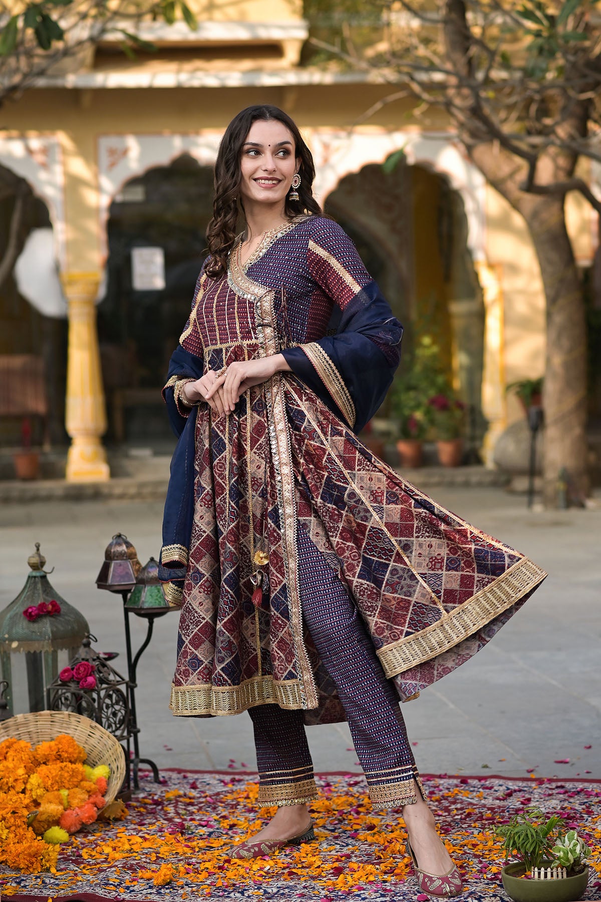 Maroon Angrakha Muslin Gotapatti Anarkali Suit