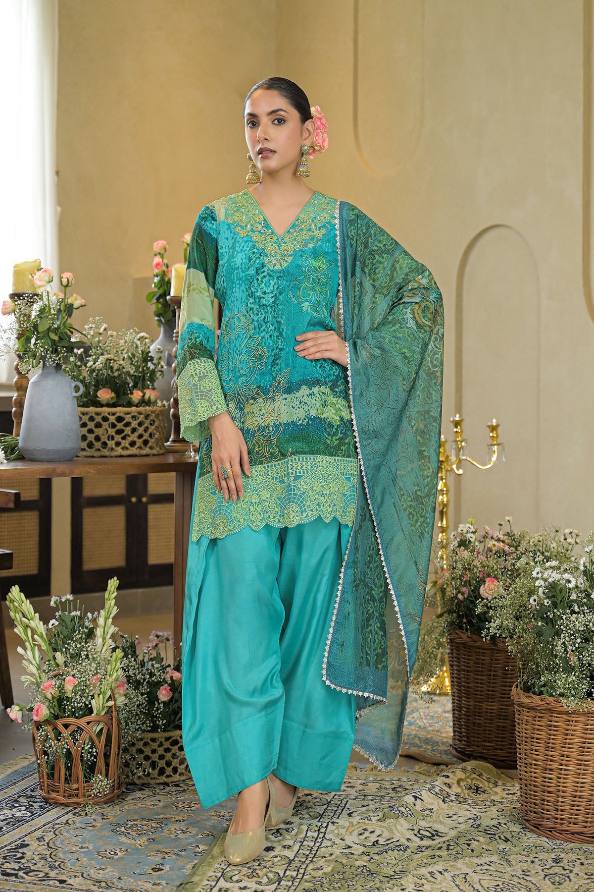 Green Crepe Embroidered Farsi Salwar Set