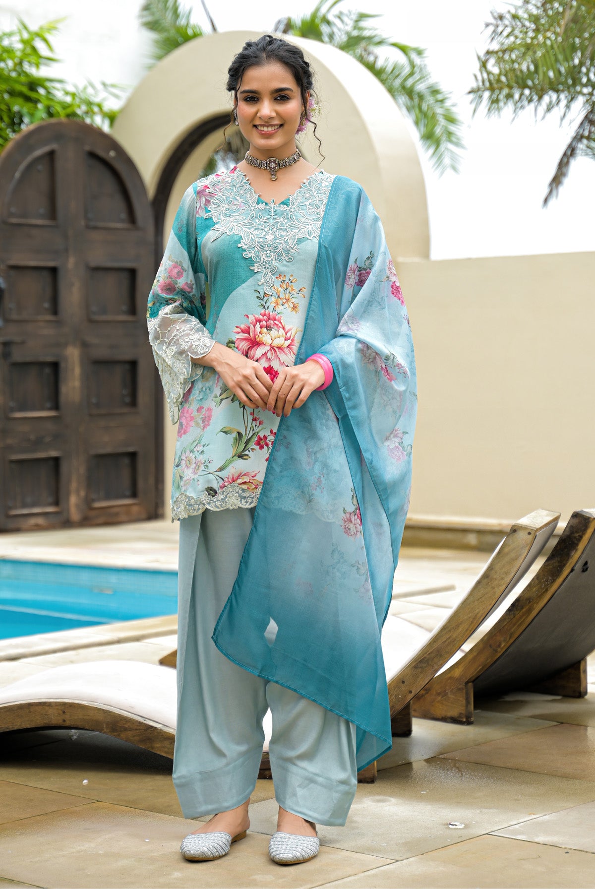 Sky Crepe Silk Embroidered Straight Cut Suit Set | Bairaas