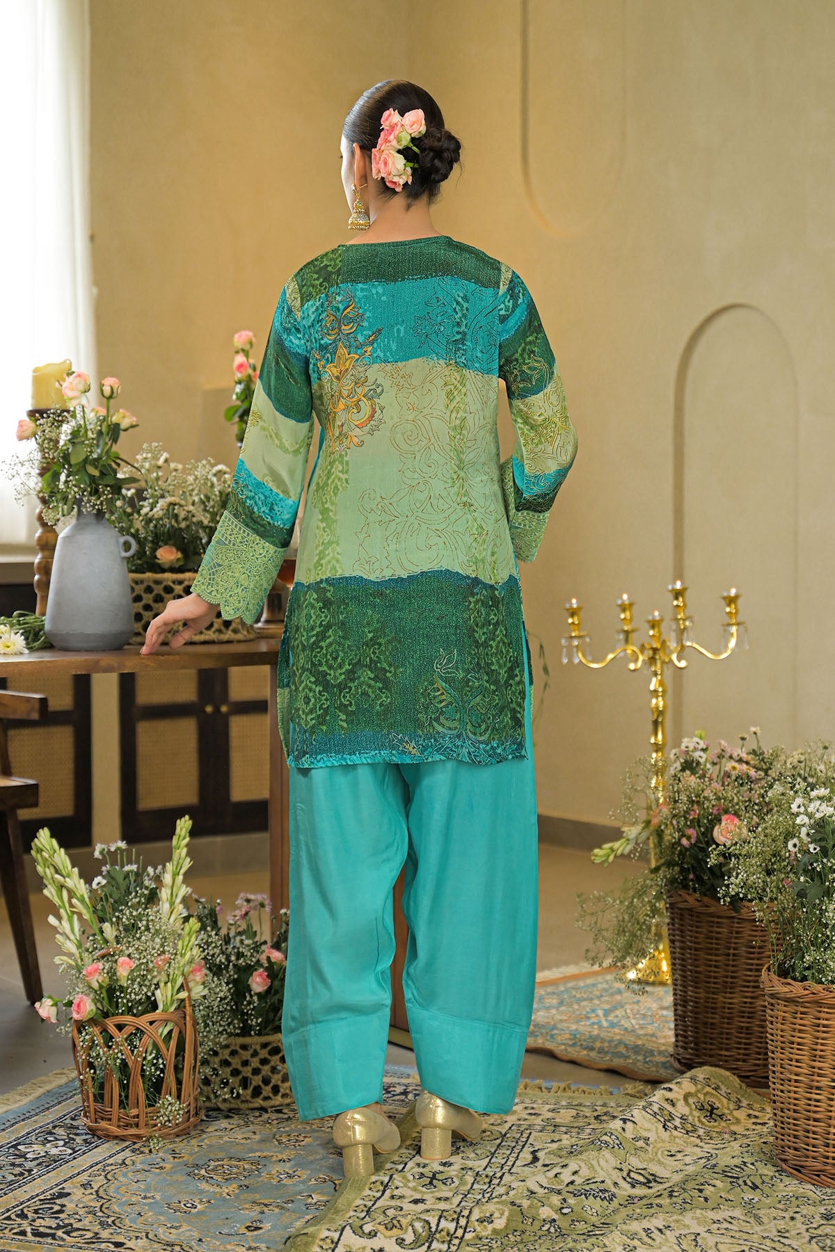 Green Crepe Embroidered Farsi Salwar Set