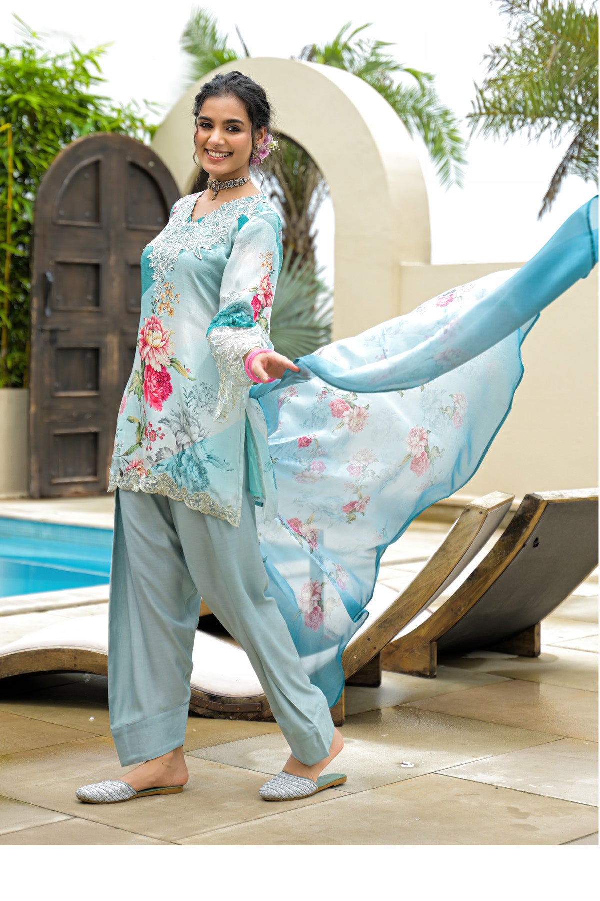 Sky Crepe Silk Embroidered Straight Cut Suit Set | Bairaas