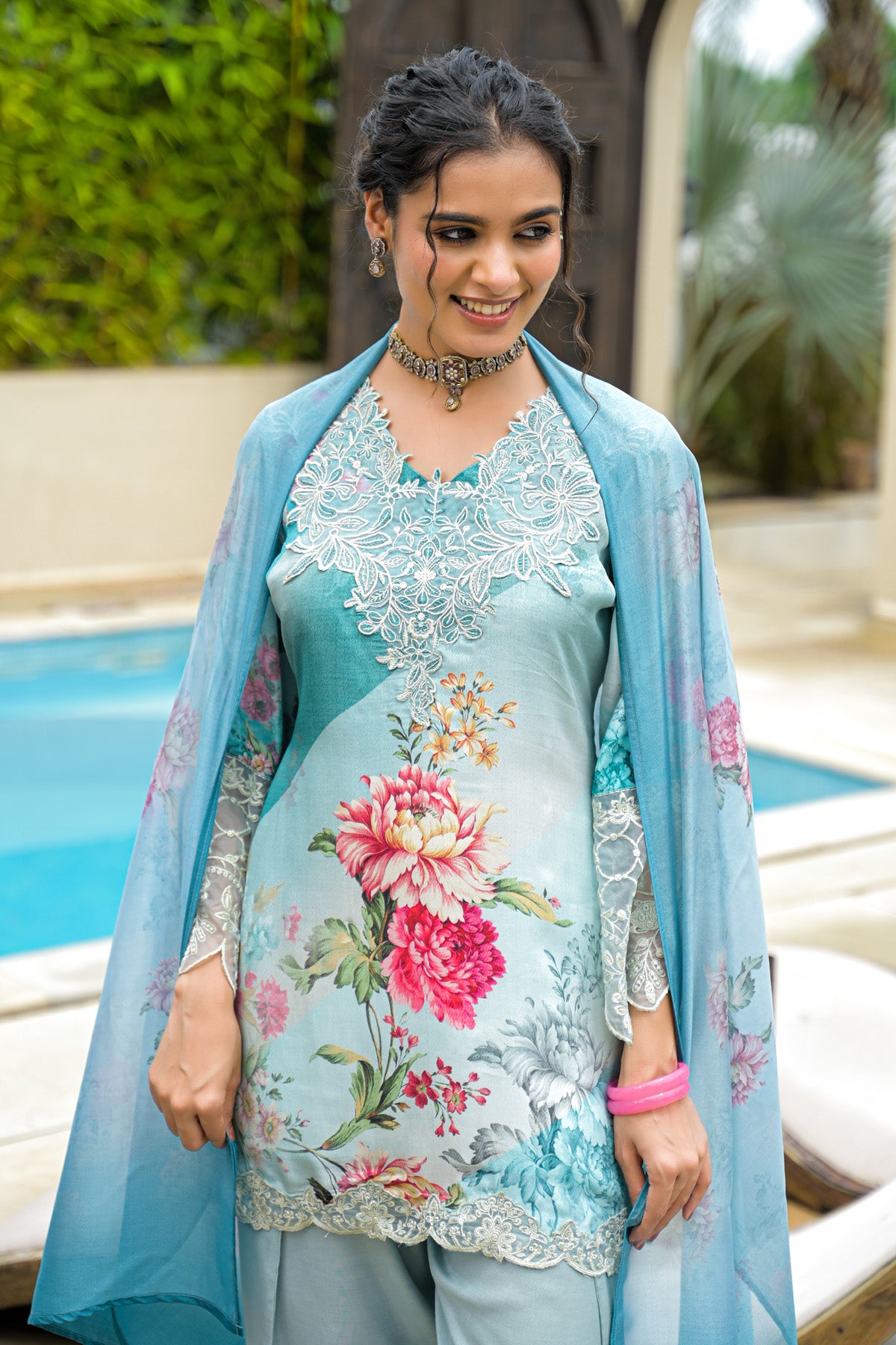 Sky Crepe Silk Embroidered Straight Cut Suit Set | Bairaas