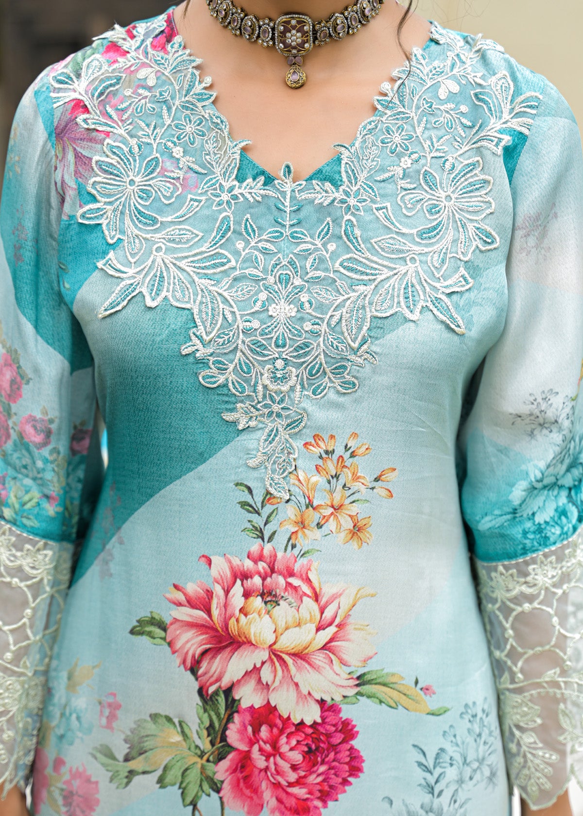 Sky Crepe Silk Embroidered Straight Cut Suit Set | Bairaas